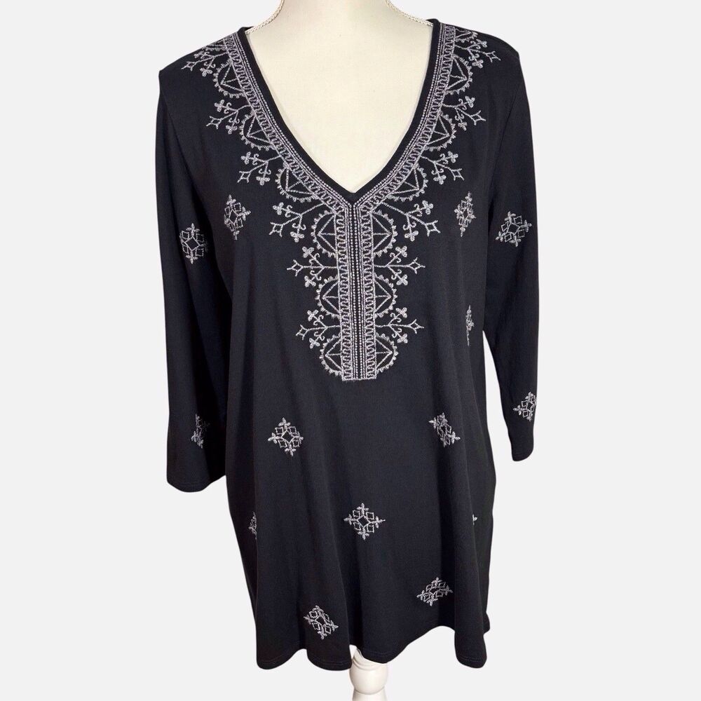 J. Jill Tunic Top Womens Med Petite Black Embroidered 3/4 Sleeve V-Neck Peasant